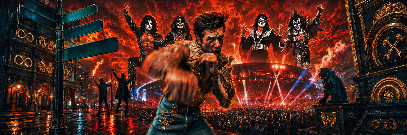 Toucan Records weekly vinyl blog banner featuring Brandon Flowers, KISS, two Twenty One Pilots figures, Grant Green street signs, and Weezer-inspired gold symbols in a fiery concert cityscape.