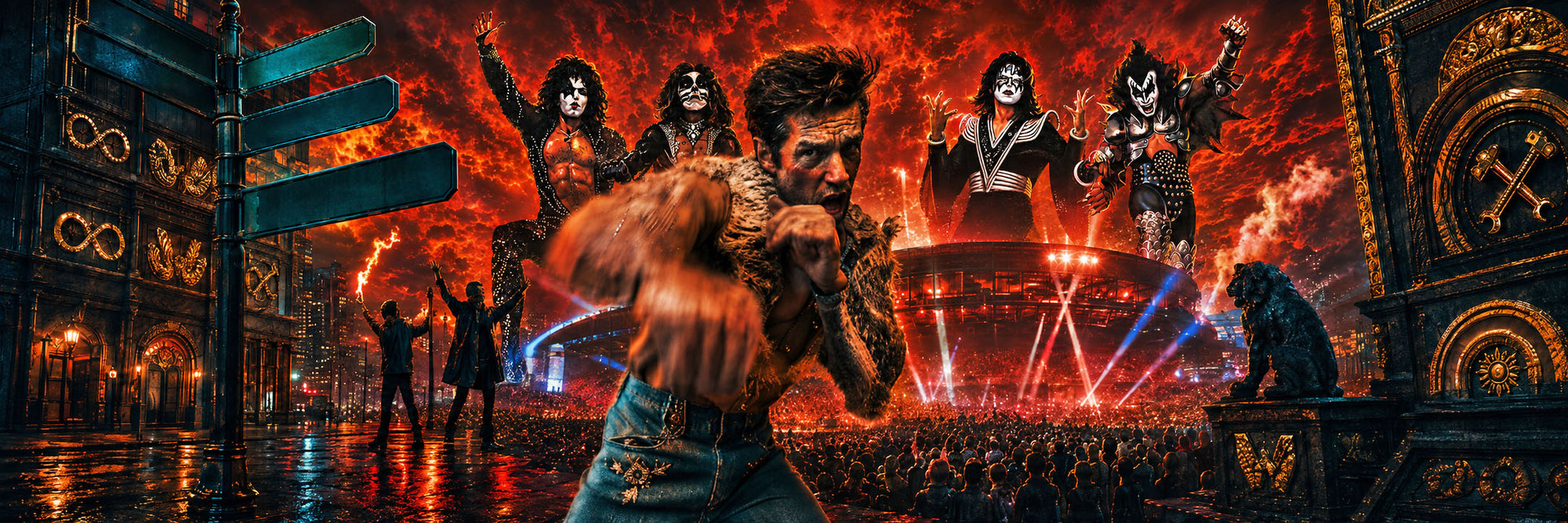 Toucan Records weekly vinyl blog banner featuring Brandon Flowers, KISS, two Twenty One Pilots figures, Grant Green street signs, and Weezer-inspired gold symbols in a fiery concert cityscape.