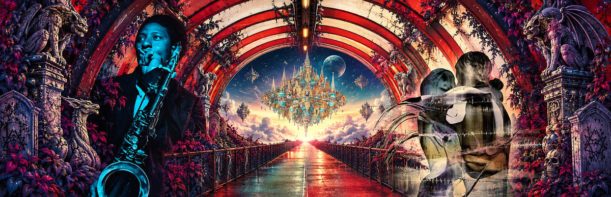 Surreal Toucan Records vinyl blog banner featuring a red arched tunnel, floating fantasy city, gothic creatures, embracing figures, and the blue-lit jazz image of saxophonist, Sonny Rollins.