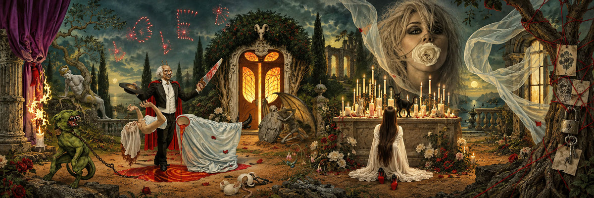 Toucan Records weekly vinyl blog banner featuring a surreal gothic garden with ritual candles, black cat, magician, glowing doorway and dreamlike album-inspired imagery.
