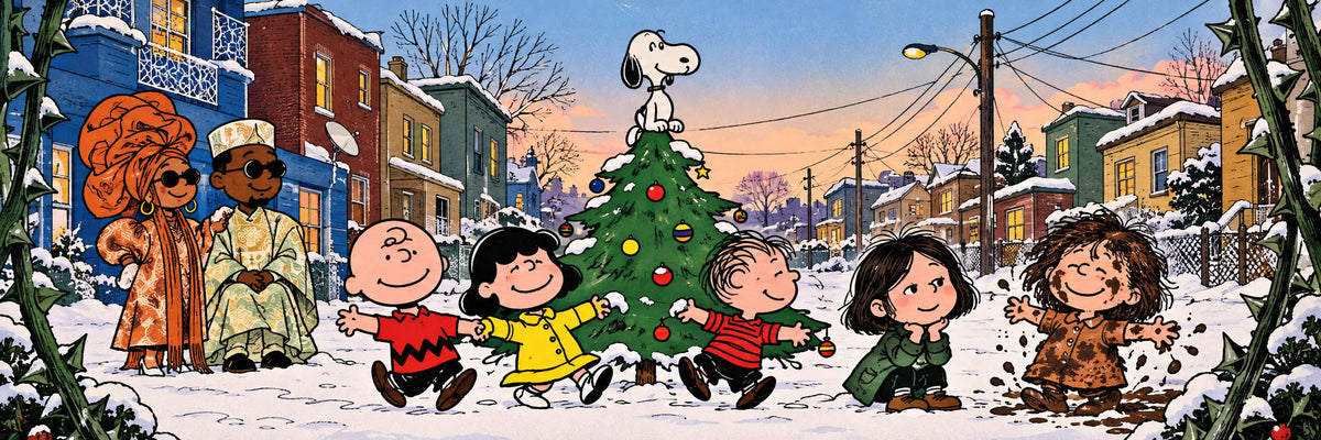 Peanuts-inspired winter street scene featuring A Charlie Brown Christmas, Gracie Abrams, Remi Wolf, Tobe Nwigwe and Type O Negative in the Toucan Records Vinyl Journal; week of October 9, 2026.