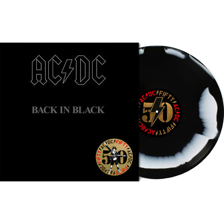 AC/DC, back in black, packshot, ac/dc fifty, black and white, colored vinyl, swirl, limited edition, special edition, 180g vinyl, album cover, vinyl, cover art, album art, cover,