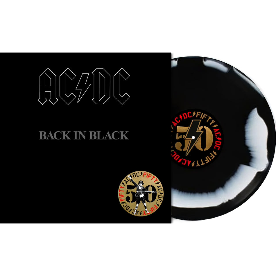 AC/DC, back in black, packshot, ac/dc fifty, black and white, colored vinyl, swirl, limited edition, special edition, 180g vinyl, album cover, vinyl, cover art, album art, cover,