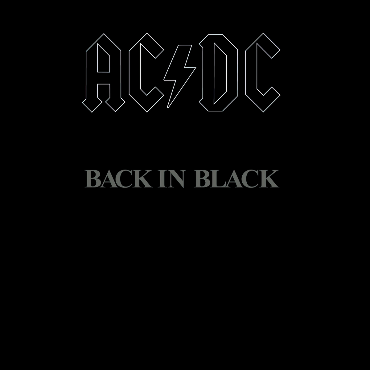 AC/DC Back In Black vinyl record cover, heavyweight pressing, all-black artwork design from legendary rock album, featuring You Shook Me All Night Long