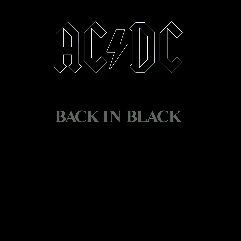 AC/DC Back In Black vinyl record cover, heavyweight pressing, all-black artwork design from legendary rock album, featuring You Shook Me All Night Long
