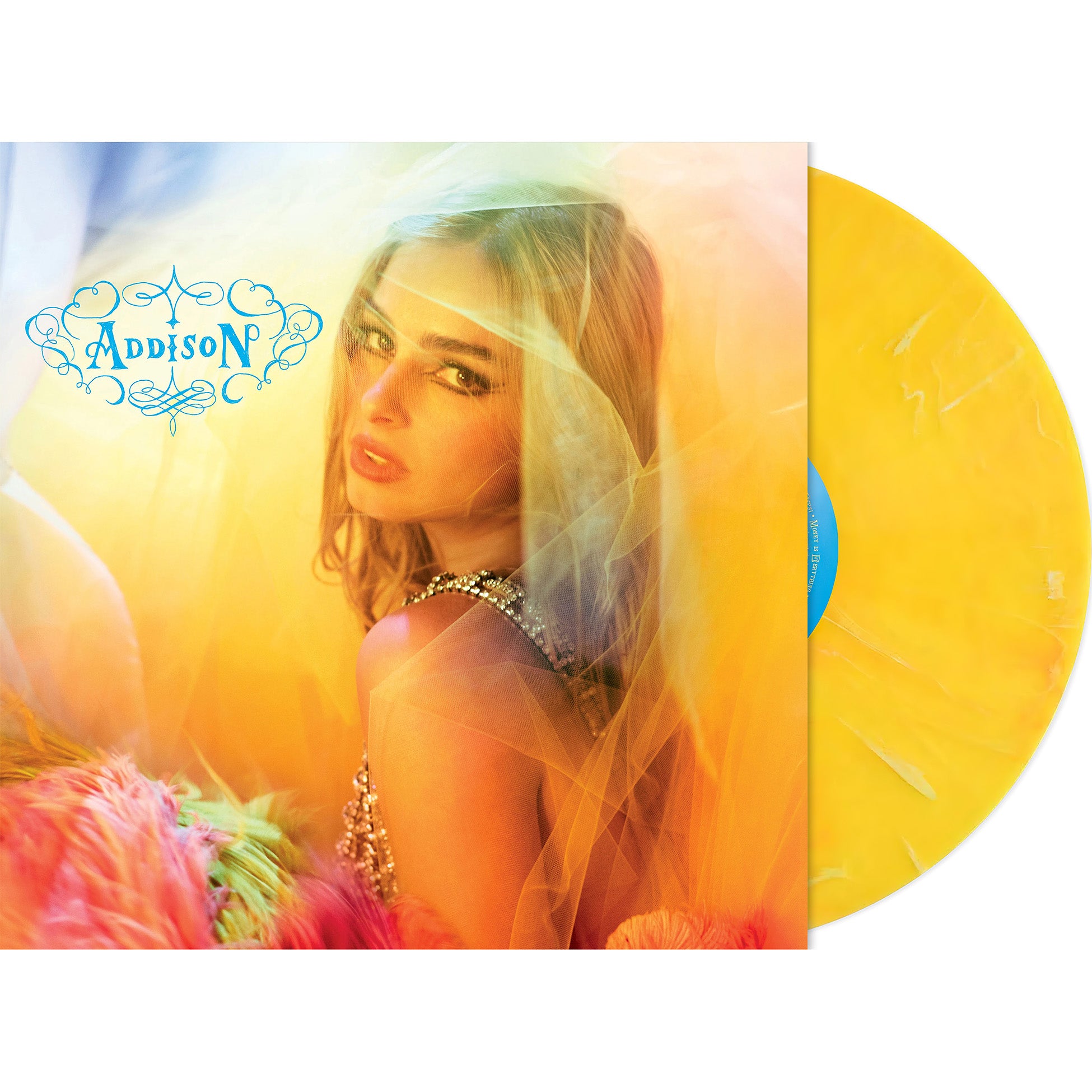 Addison Rae - Addison yellow marble LP packshot, 2025 debut album, modern pop vinyl with poster insert