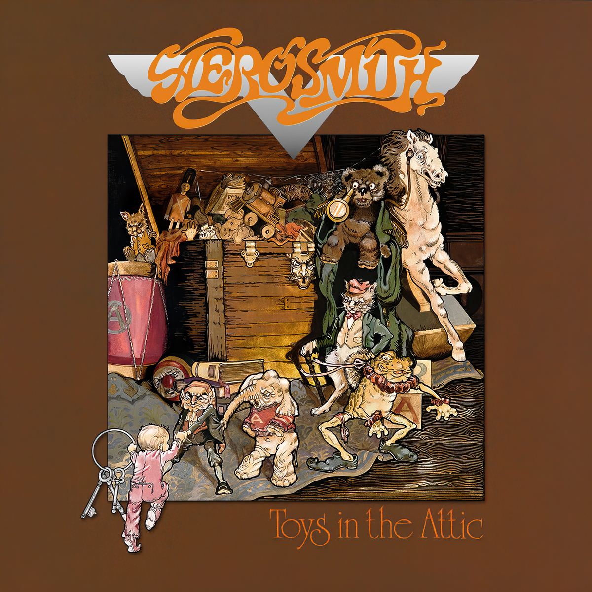 Aerosmith Toys in the Attic vinyl LP cover art, classic 1970s hard rock album artwork. Features "Walk This Way" and "Sweet Emotion".