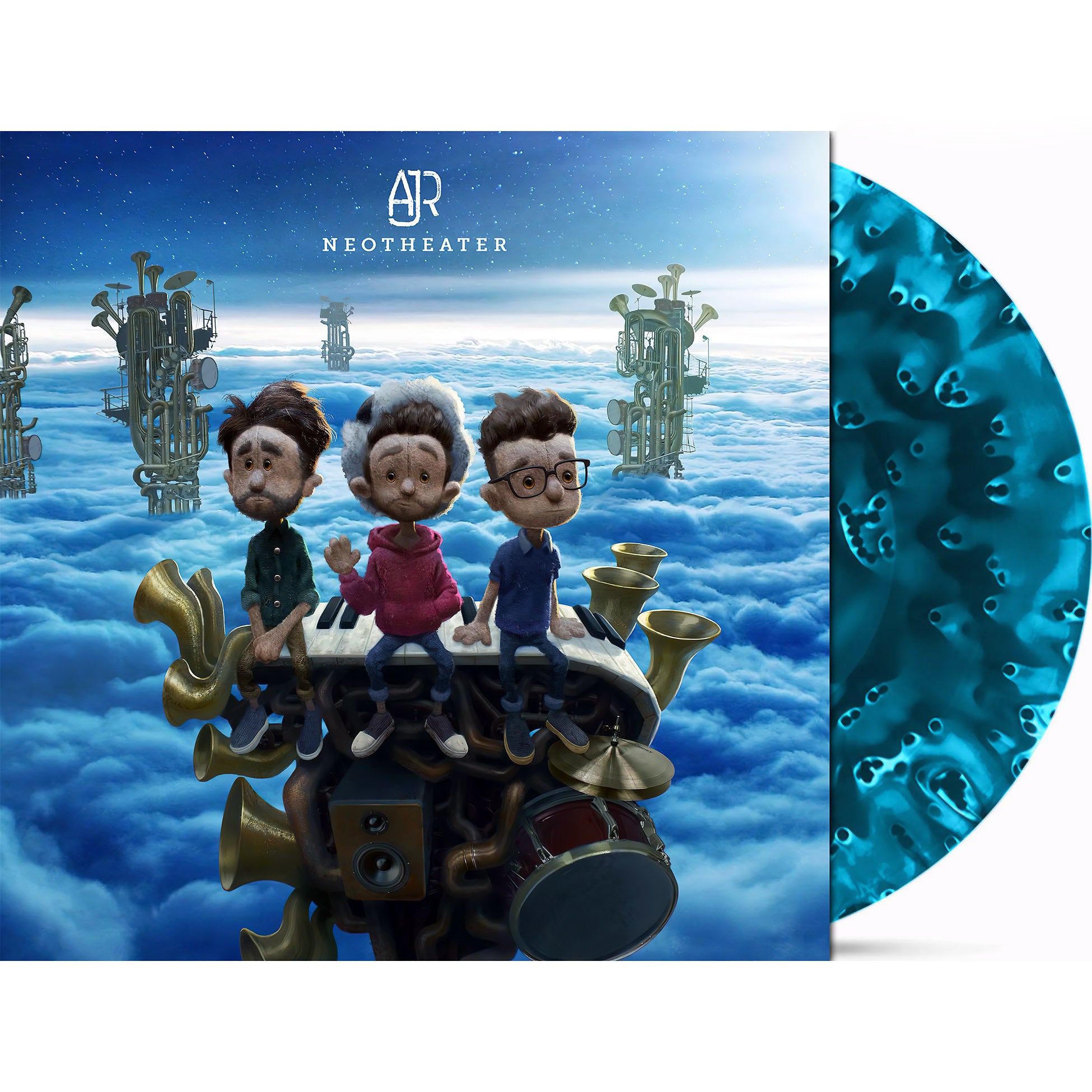 ajr, neotheater, limited edition, packshot, ghostly blue, colored vinyl, blue vinyl, ghostly, album cover, cover, album art, cover art, vinyl, don't throw out my legos,
