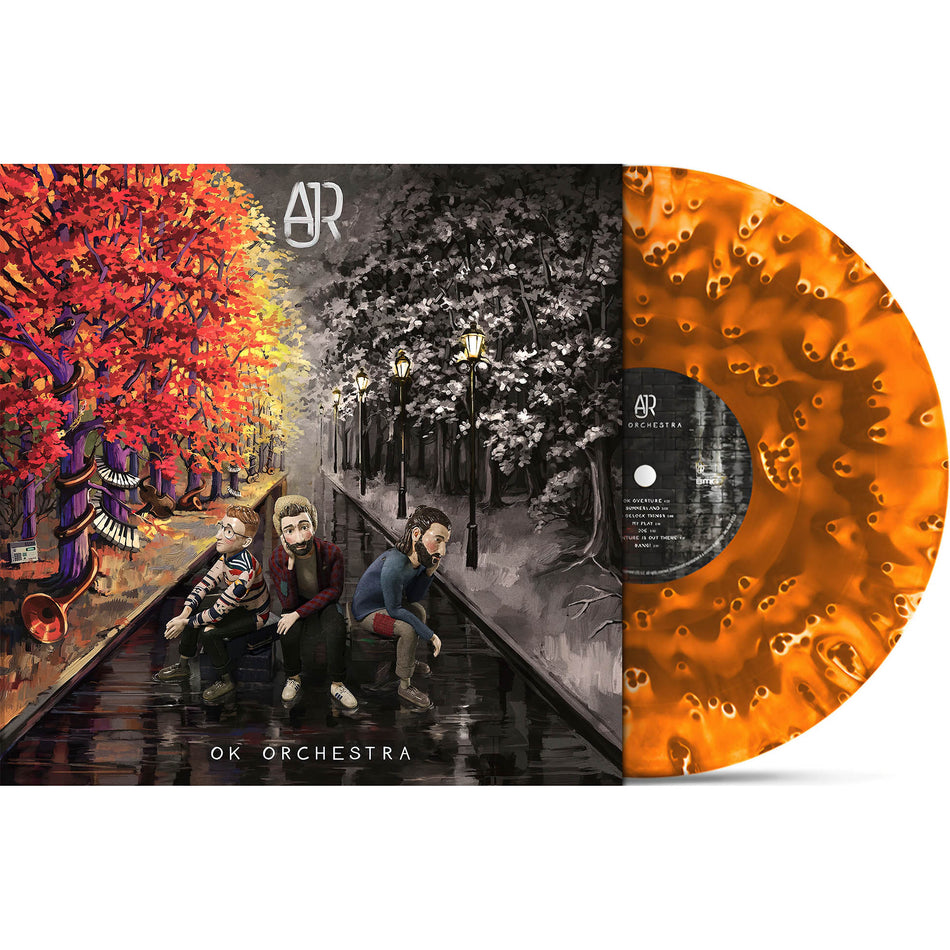 ajr, ok orchestra, limited edition, ghostly orange, packshot, colored vinyl, orange vinyl, album cover, album art, cover, cover art, vinyl, World's Smallest Violin,