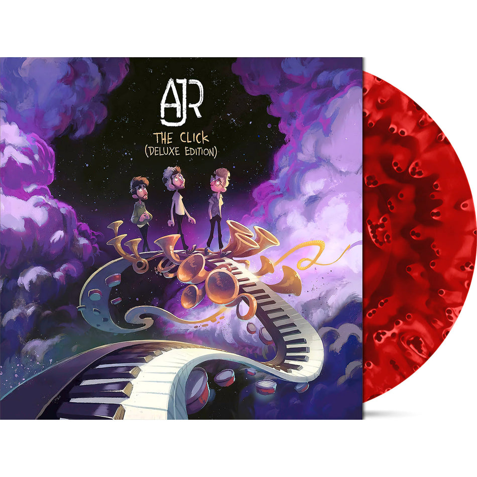 ajr, the click, deluxe edition, packshot, limited edition, red ghostly, colored vinyl, vinyl, red vinyl, album cover, cover,