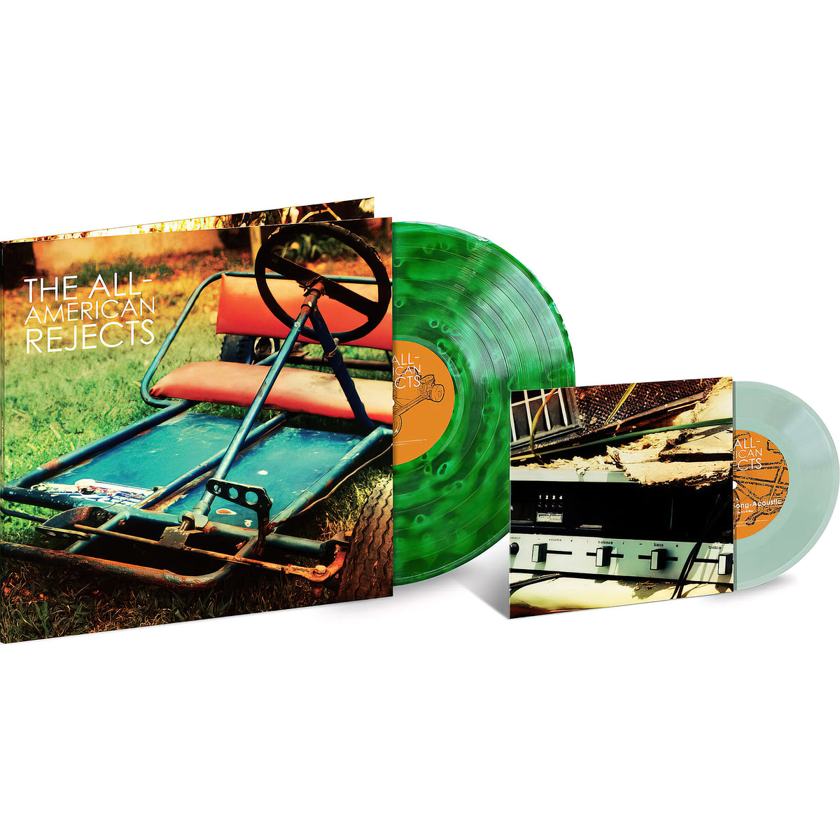 All-American Rejects debut album ghostly green colored vinyl record, 20th anniversary edition with coke bottle colored bonus 7" single, pop rock packshot