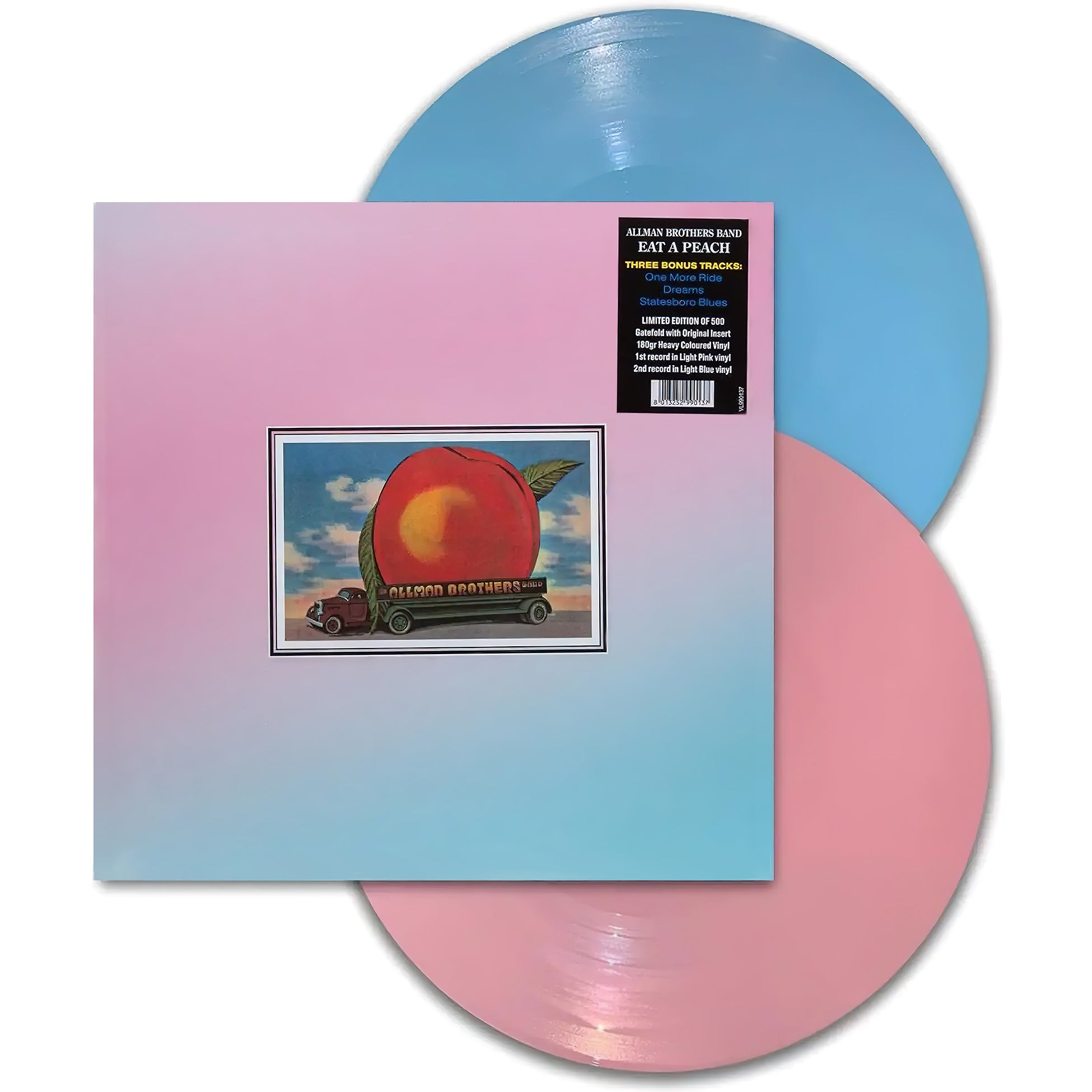 Allman Brothers Eat A Peach packshot, limited 500 copy pink/blue vinyl with 3 bonus tracks, DMM remastered jam band southern rock from 1972