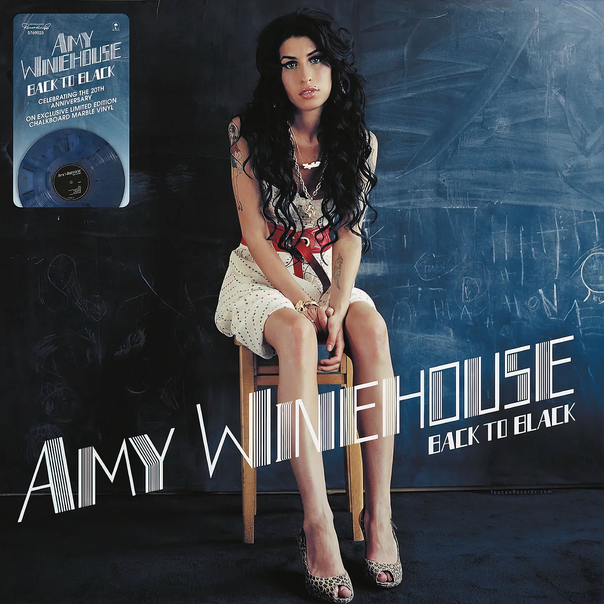 Amy Winehouse Back To Black album cover art for 20th anniversary limited edition Chalkboard Marble blue and black vinyl LP
