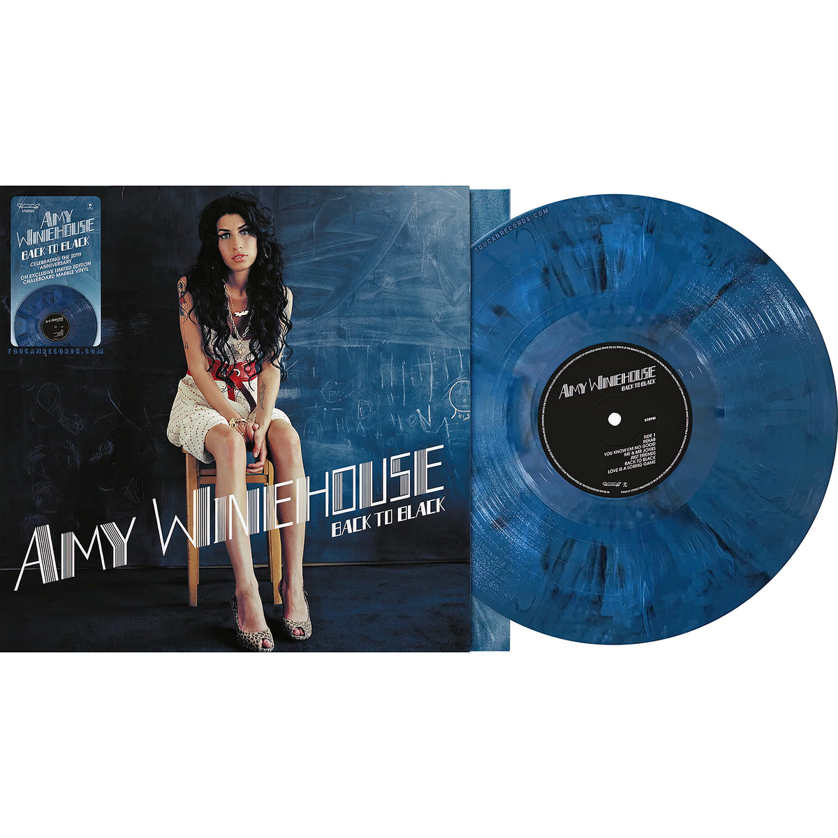 Amy Winehouse Back To Black packshot for the limited edition indie exclusive Chalkboard Blue with Black Marble vinyl at ToucanRecords.com
