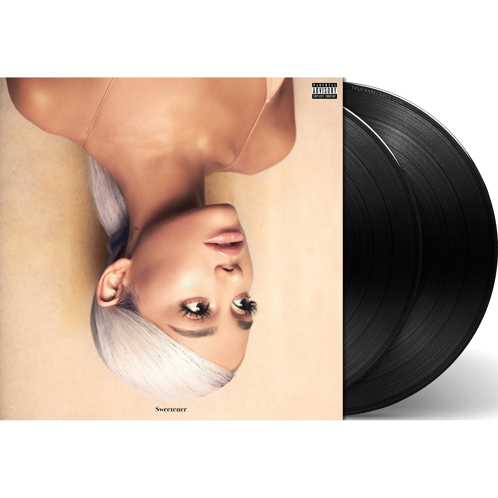 Ariana Grande Sweetener packshot for the 2LP black vinyl LP pressing with gatefold jacket and 15-song album tracklist