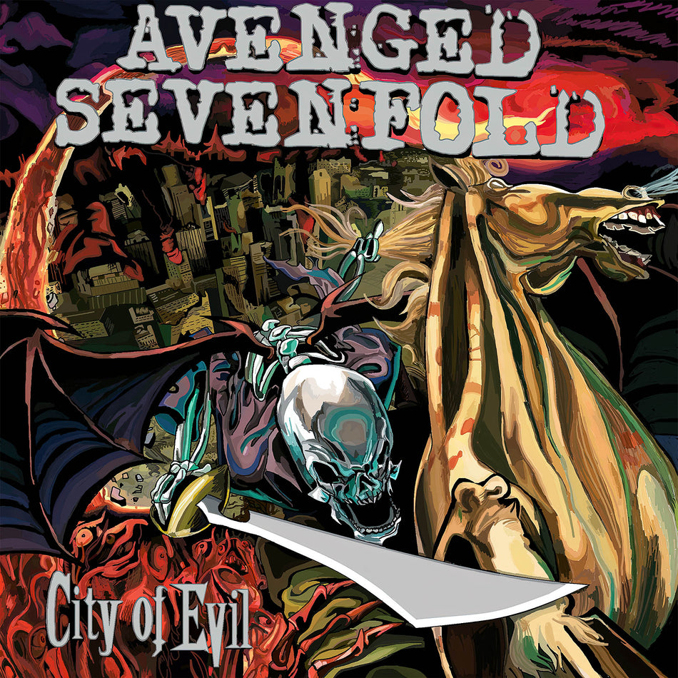 Avenged Sevenfold - City of Evil album cover, red orange swirl vinyl edition, 20th anniversary limited indie exclusive pressing