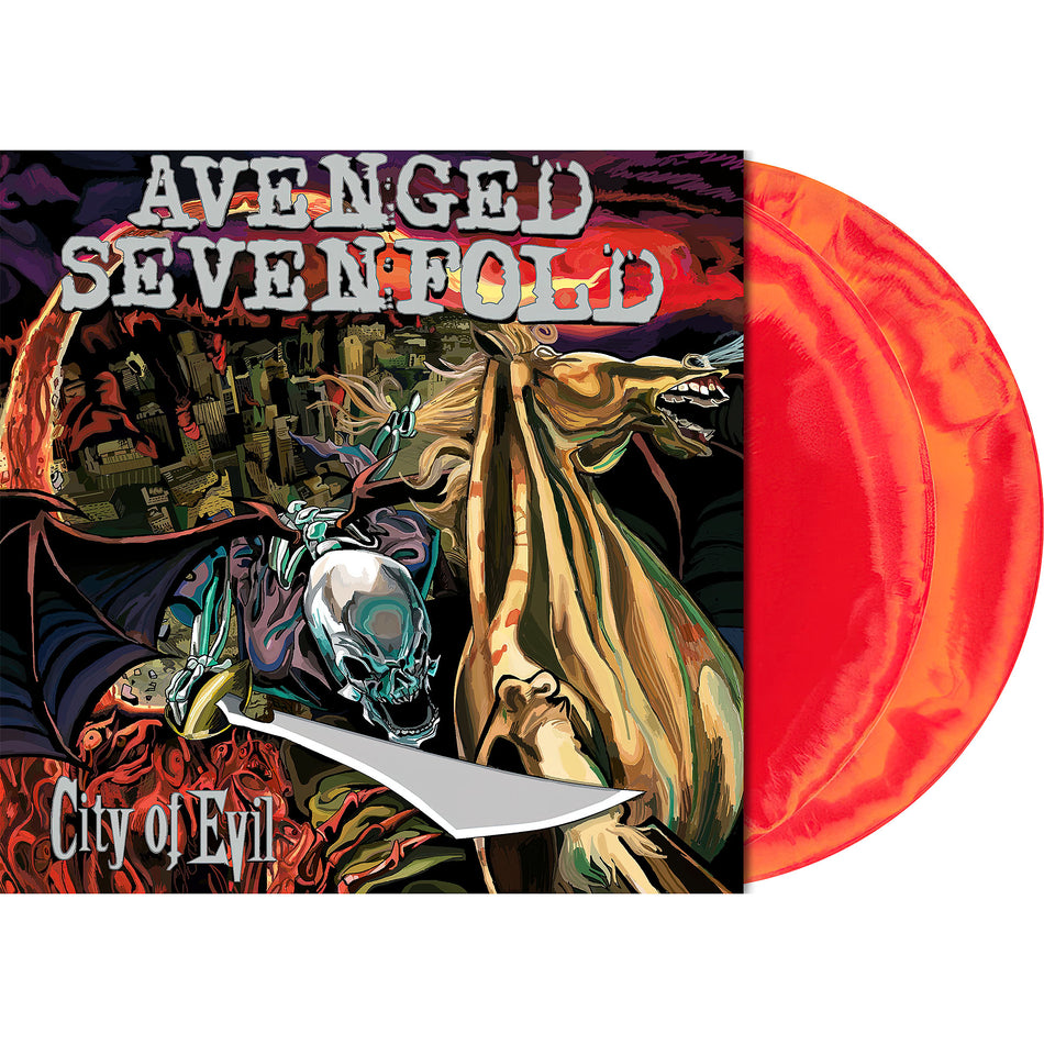 Avenged Sevenfold - City of Evil packshot, red orange swirl vinyl, metal anniversary edition, Indie Exclusive, Limited Edition of 5,000 Copies