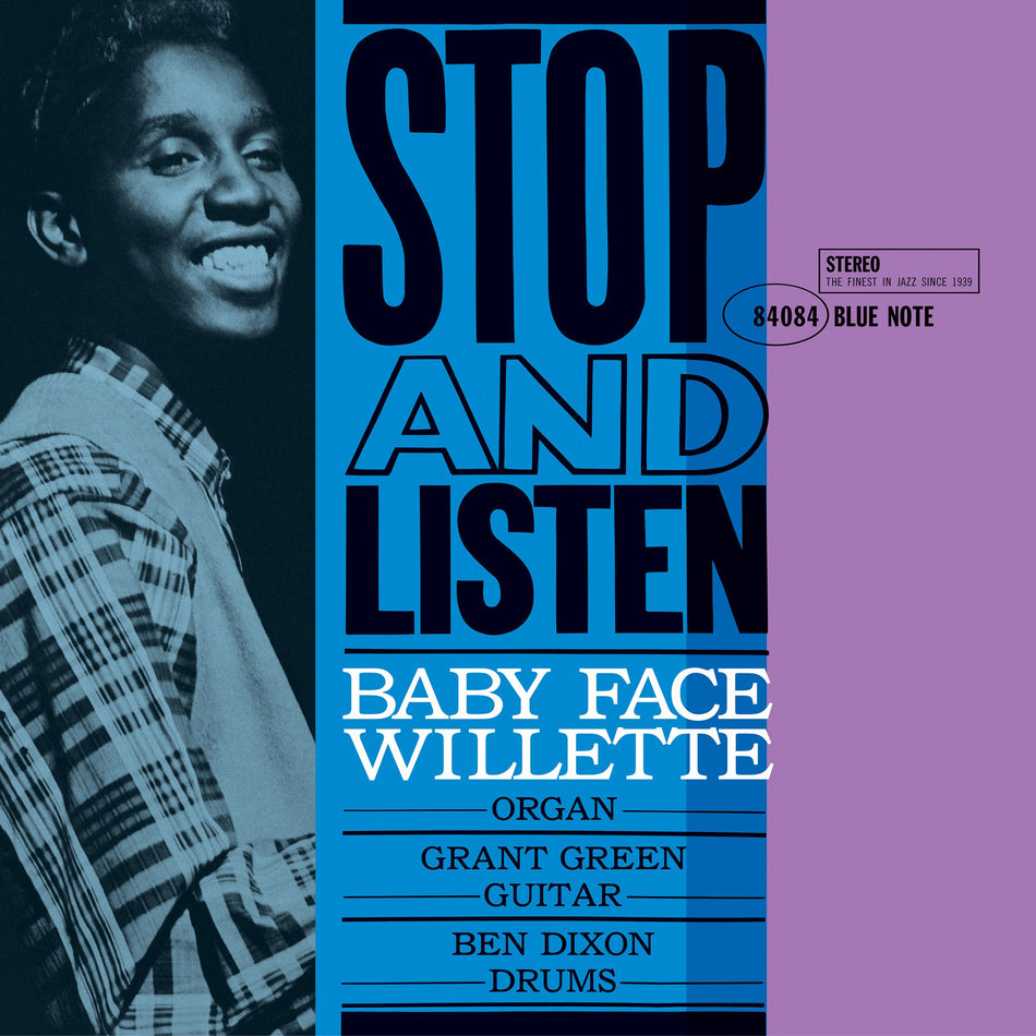 Baby Face Willette Stop And Listen 1961 Blue Note album cover, bluesy jazz organ trio LP, Kevin Gray all-analog remaster