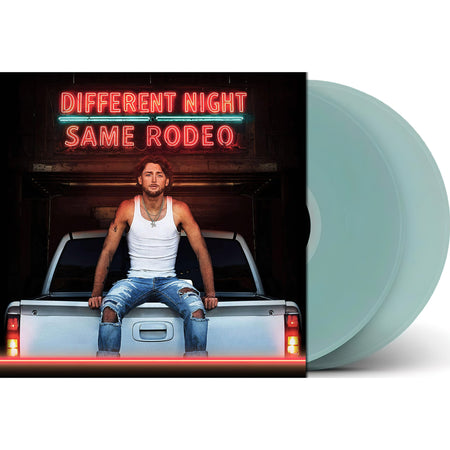 Bailey Zimmerman Different Night Same Rodeo packshot, cola bottle colored vinyl records, country rock double LP