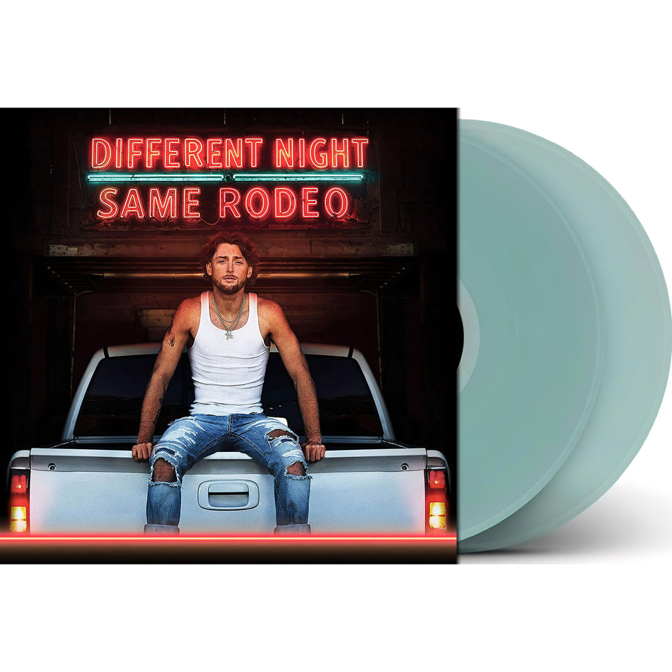 Bailey Zimmerman Different Night Same Rodeo packshot, cola bottle colored vinyl records, country rock double LP