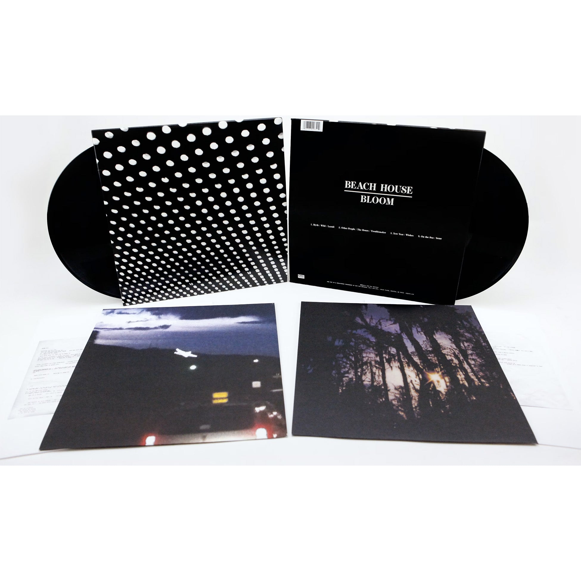 Beach House Bloom packshot for the dream pop vinyl LP set with "Myth," "Lazuli," "Wishes," and "Irene"