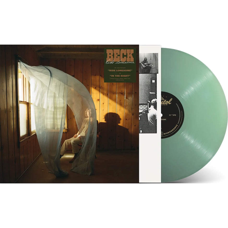 Beck Ride Lonesome packshot for Indie Exclusive Vintage Green colored vinyl LP with printed inner sleeve
