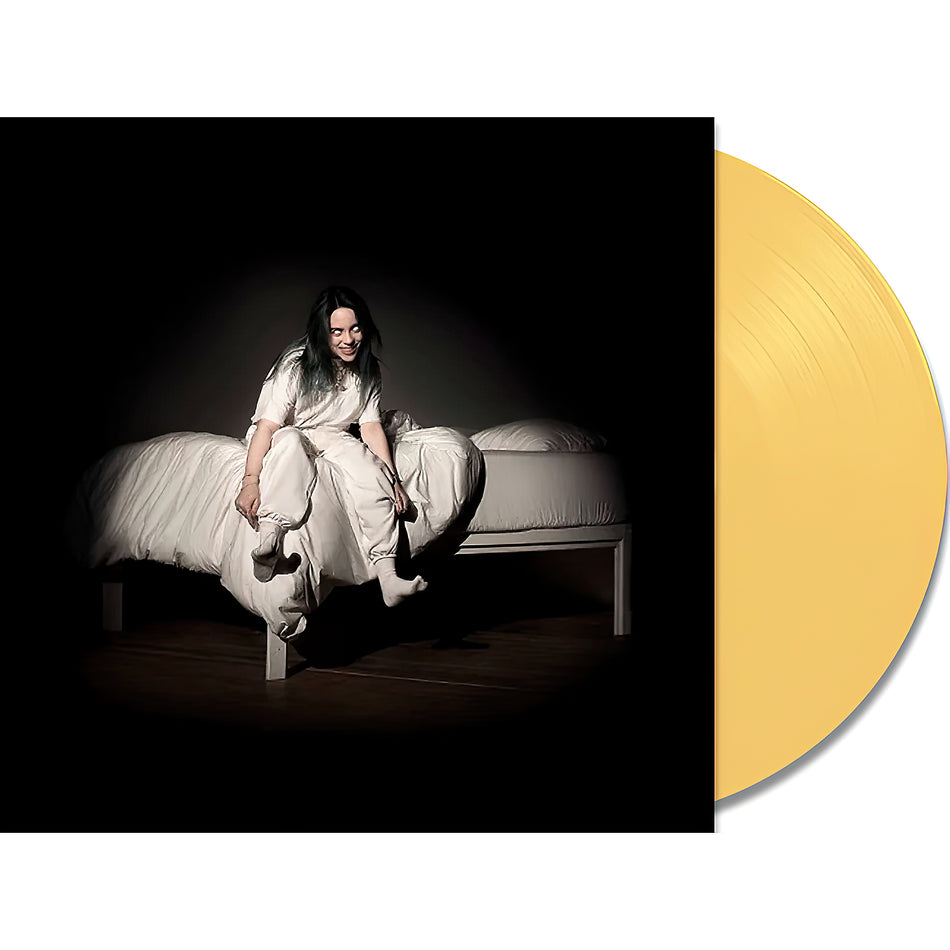 Billie Eilish - When We Fall Asleep, Where Do We Go? vinyl packshot, yellow color variant, 2019 debut album