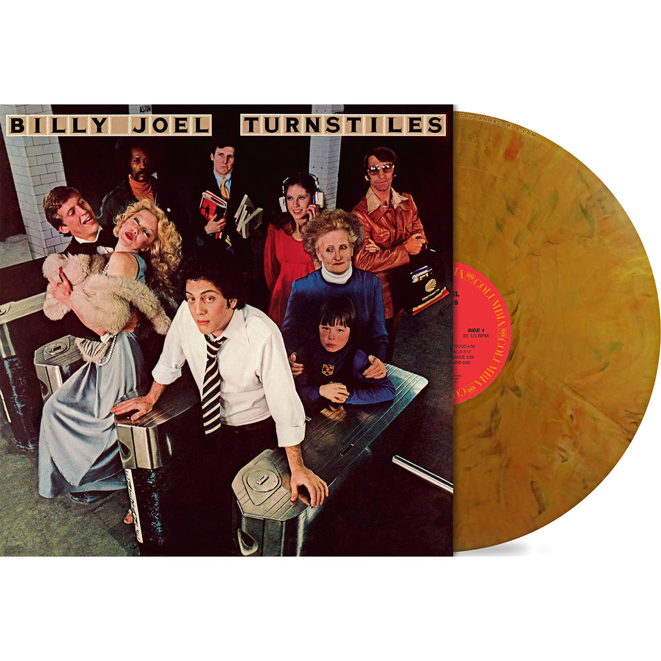 Billy Joel - Turnstiles vinyl LP packshot, Indie Exclusive Subway Token Gold colored pressing, classic rock album at ToucanRecords.com