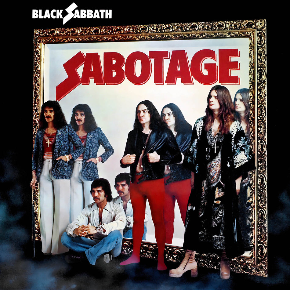 Black Sabbath Sabotage album cover art for a vinyl LP featuring "Symptom of the Universe" and "Hole in the Sky" featuring Ozzy Osbourne on vocals.