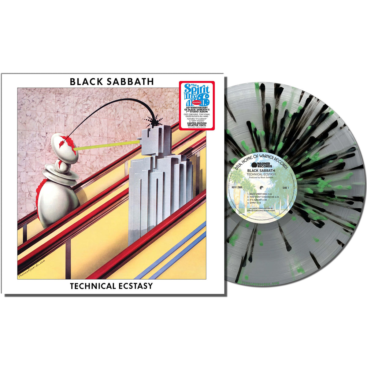 Black Sabbath Technical Ecstasy packshot showing the clear vinyl LP with black and green splatter and gatefold jacket. Rhino Spirit of 76, 50th Anniversary Edition available at Toucan Records