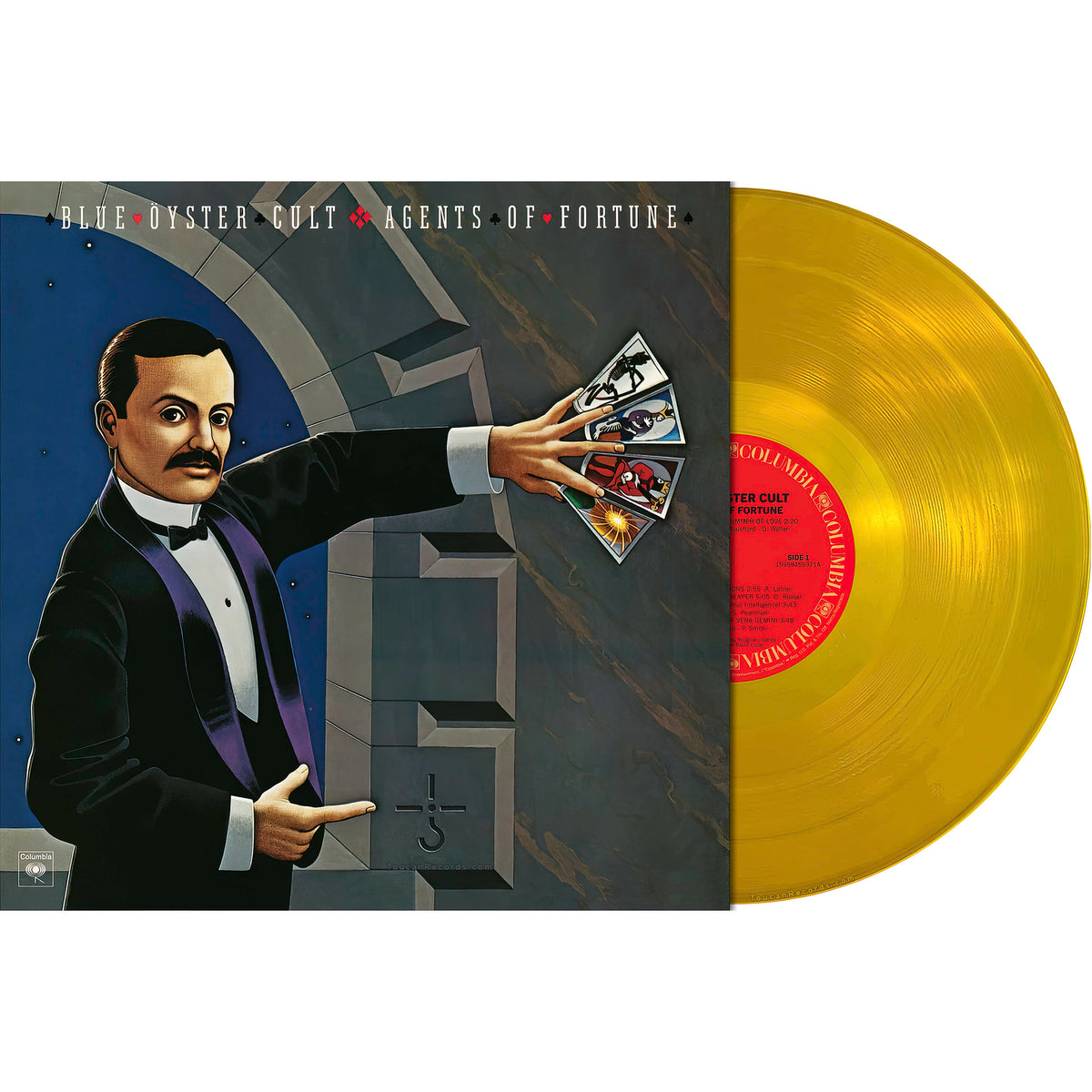 Blue Oyster Cult Agents Of Fortune 50th Anniversary vinyl packshot showing the gold LP edition.