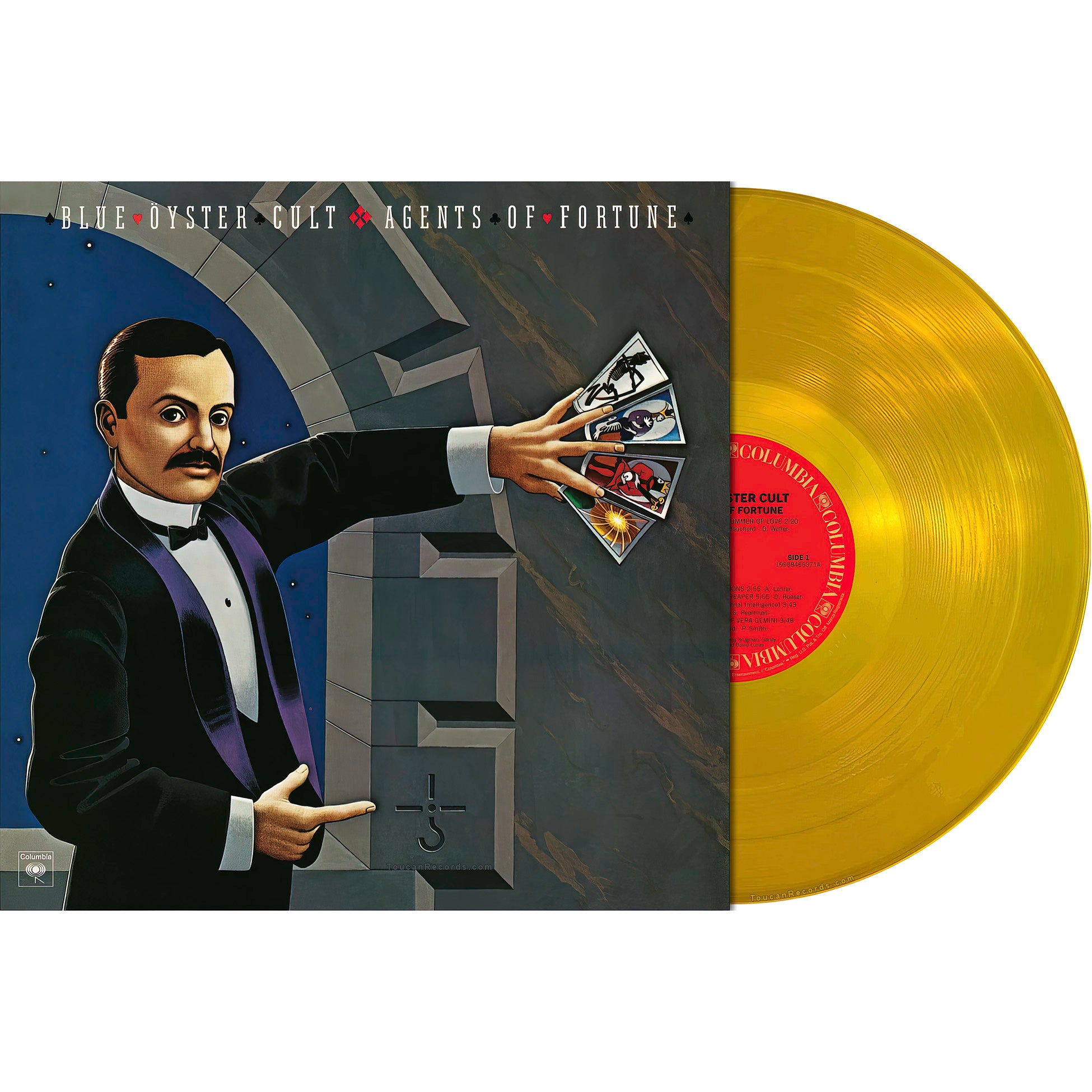 Blue Oyster Cult Agents Of Fortune 50th Anniversary vinyl packshot showing the gold LP edition.