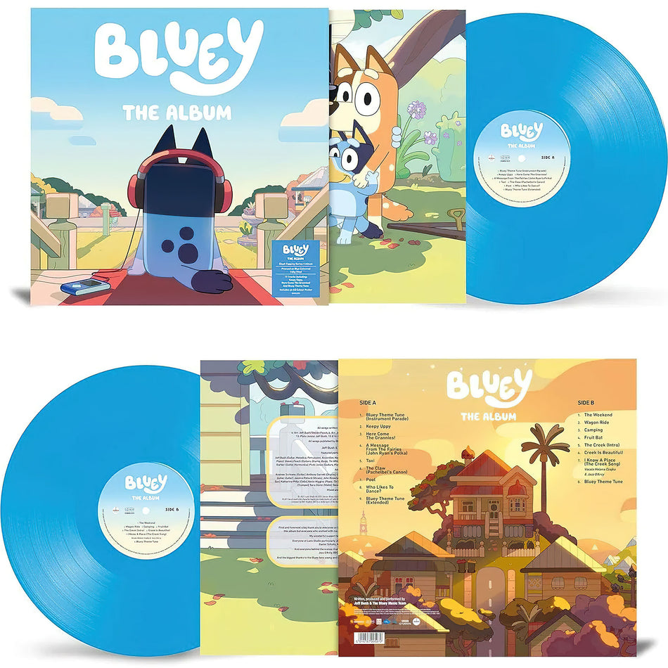 bluey, bluey the album, blue vinyl, packshot, colored vinyl, album cover, album art, vinyl, cover, cover art, soundtrack, children's music, Joff Bush,