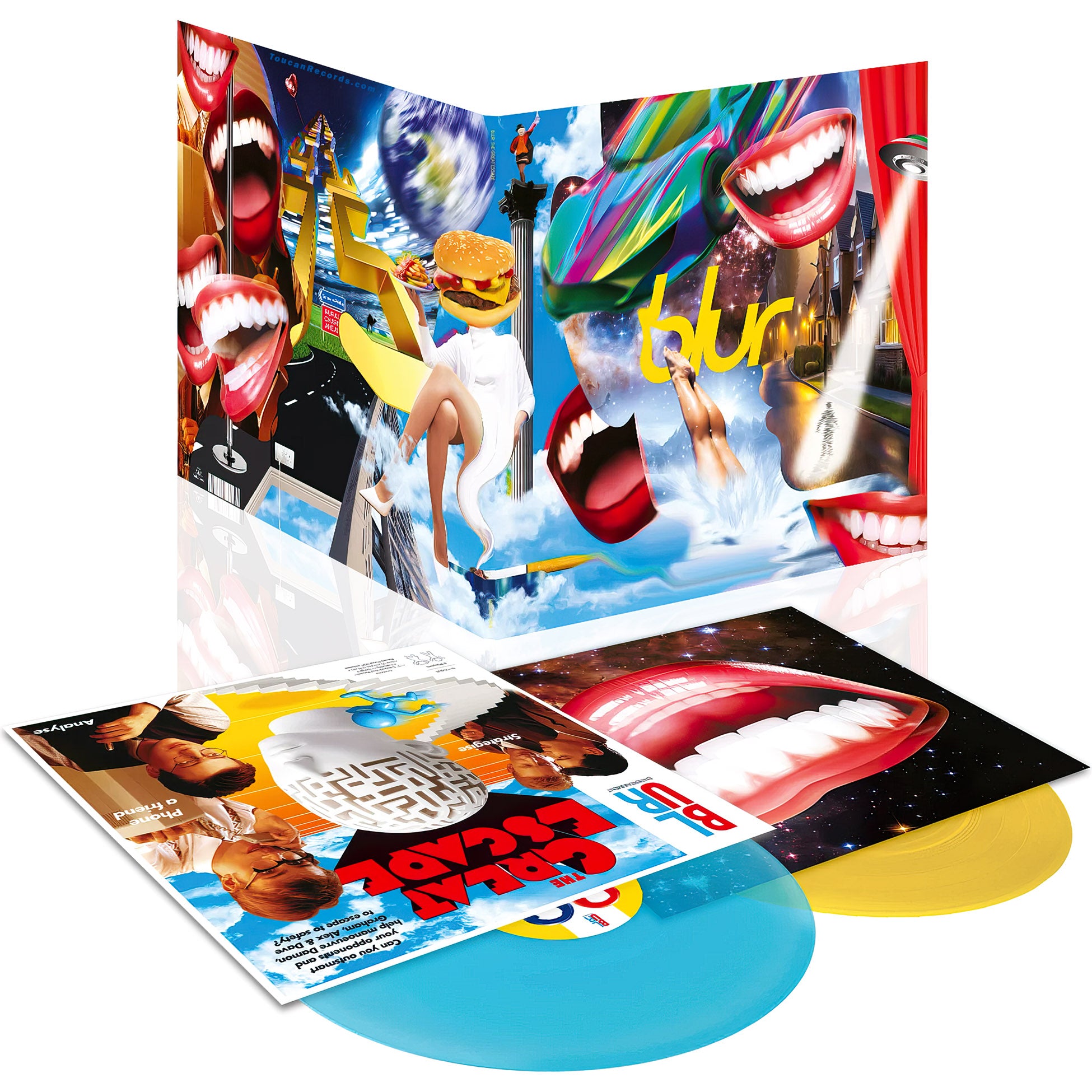 Blur - The Great Escape packshot, yellow blue vinyl with gatefold, 30th Anniversary Britpop indie rock