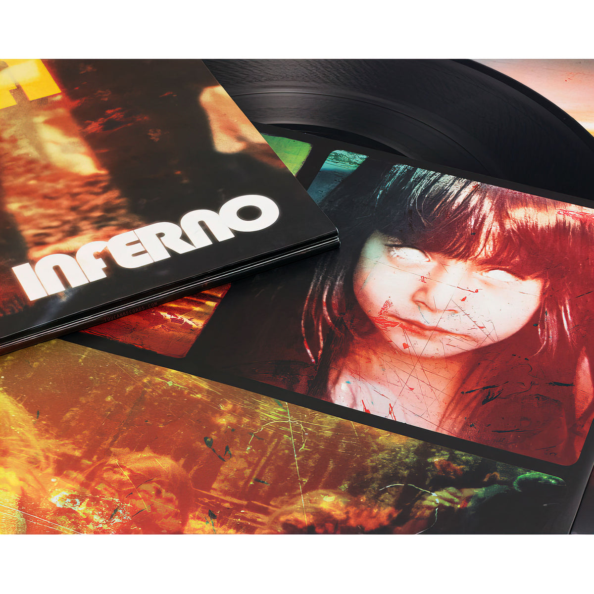 Boards Of Canada Inferno exploding packshot showing the 2LP vinyl LP release with printed inner sleeves at ToucanRecords.com