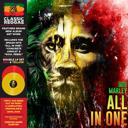 Bob Marley All In One album cover, limited edition yellow and red vinyl 2LP containing rare, hard to find songs.