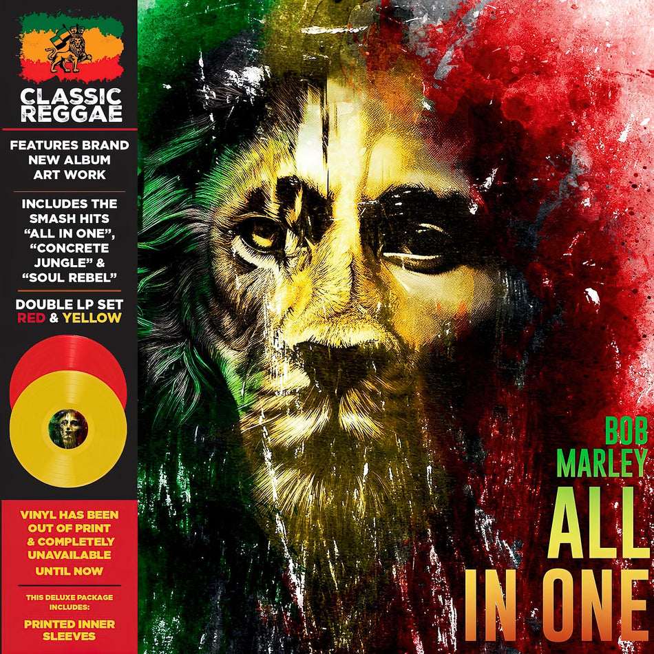 Bob Marley All In One album cover, limited edition yellow and red vinyl 2LP containing rare, hard to find songs.