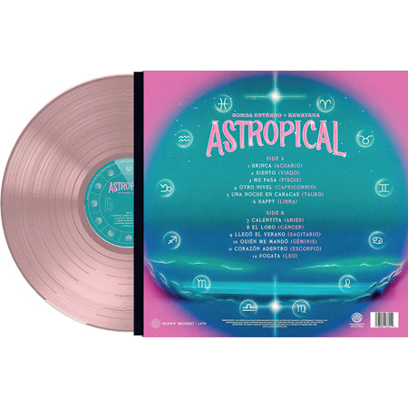 Packshot of Astropical baby pink vinyl LP with gatefold and poster. Back Cover with song titles