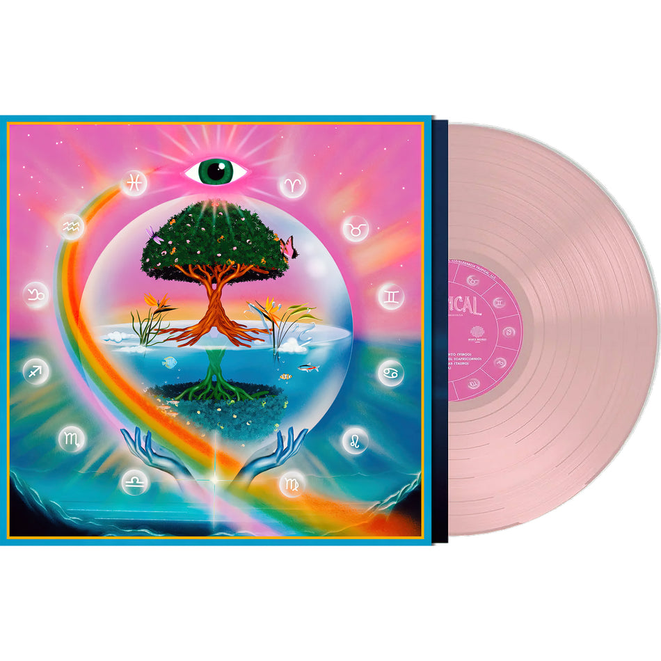 Packshot of Astropical baby pink vinyl LP with gatefold and poster, vinyl by Bomba Estéreo & Rawayana, available at ToucanRecords.com