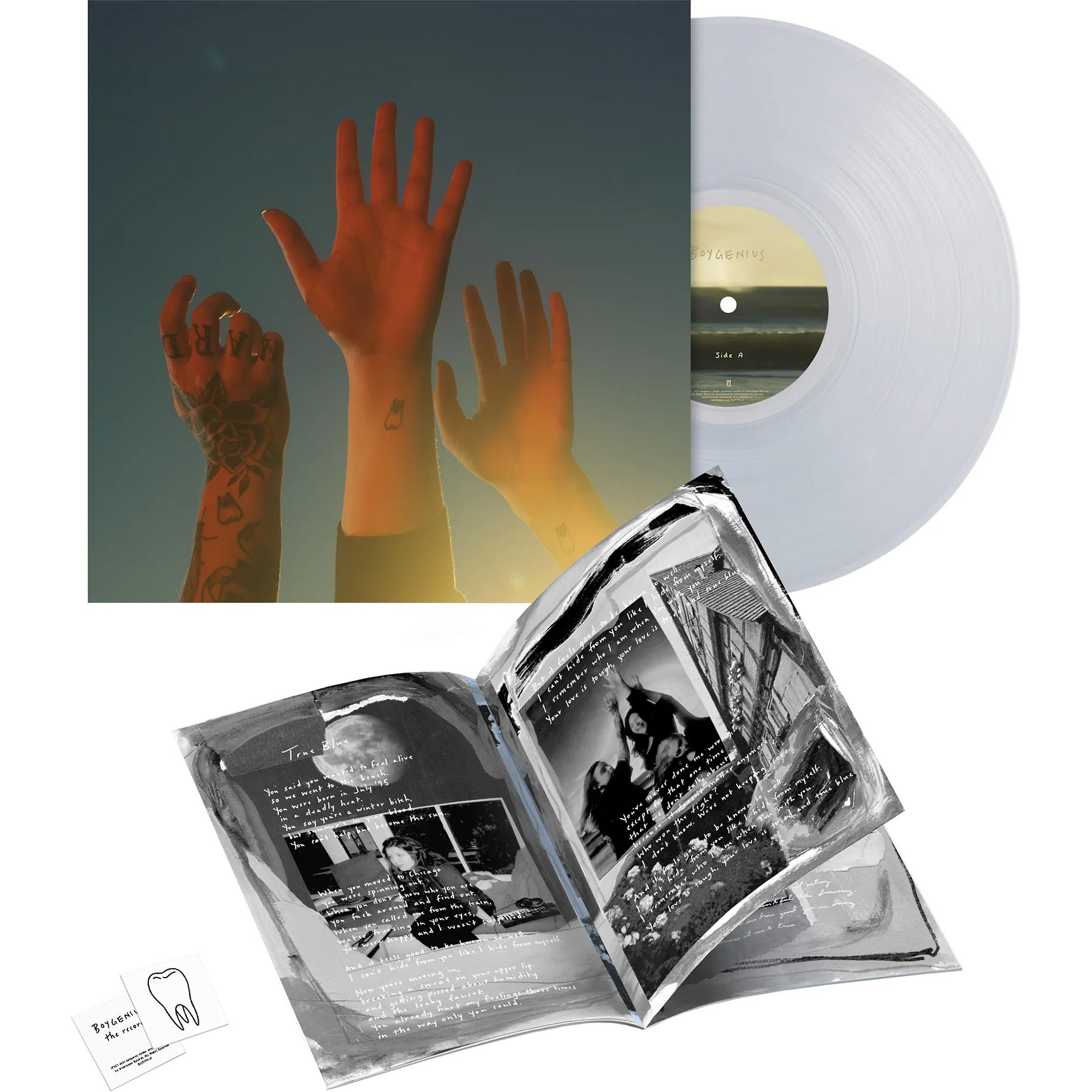 boygenius - The Record vinyl packshot, folk-influenced indie rock album, translucent clear vinyl pressing