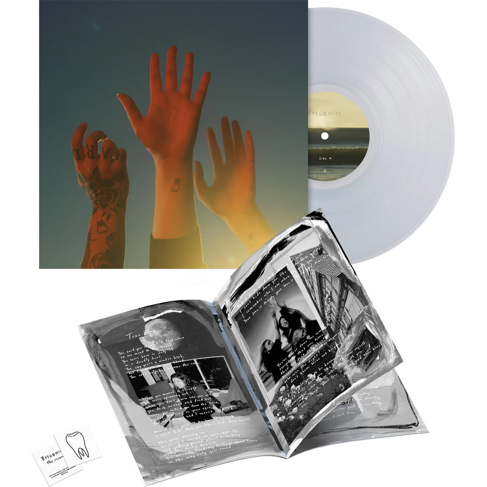 boygenius - The Record vinyl packshot, folk-influenced indie rock album, translucent clear vinyl pressing