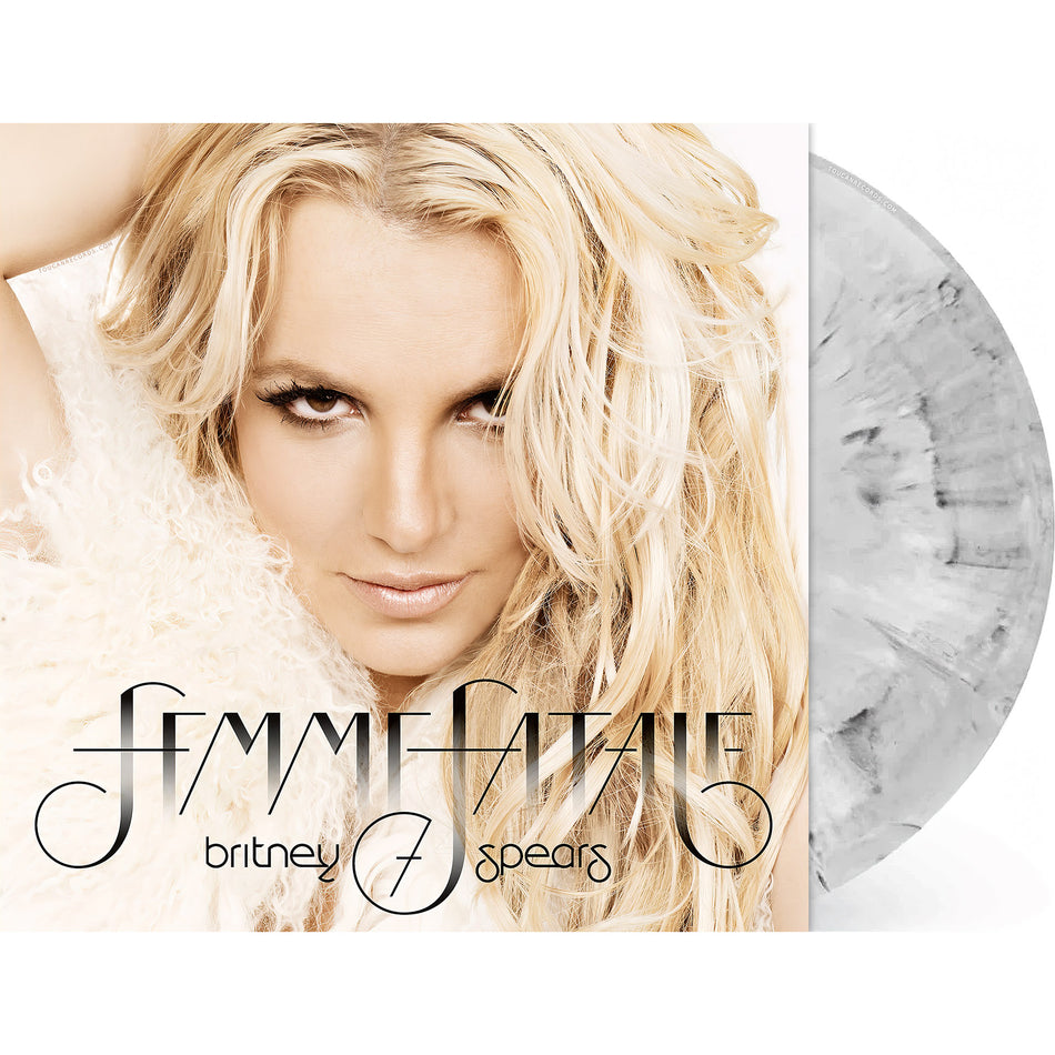 Britney Spears Femme Fatale packshot at ToucanRecords.com for the gray marble vinyl import LP with printed inner sleeve.