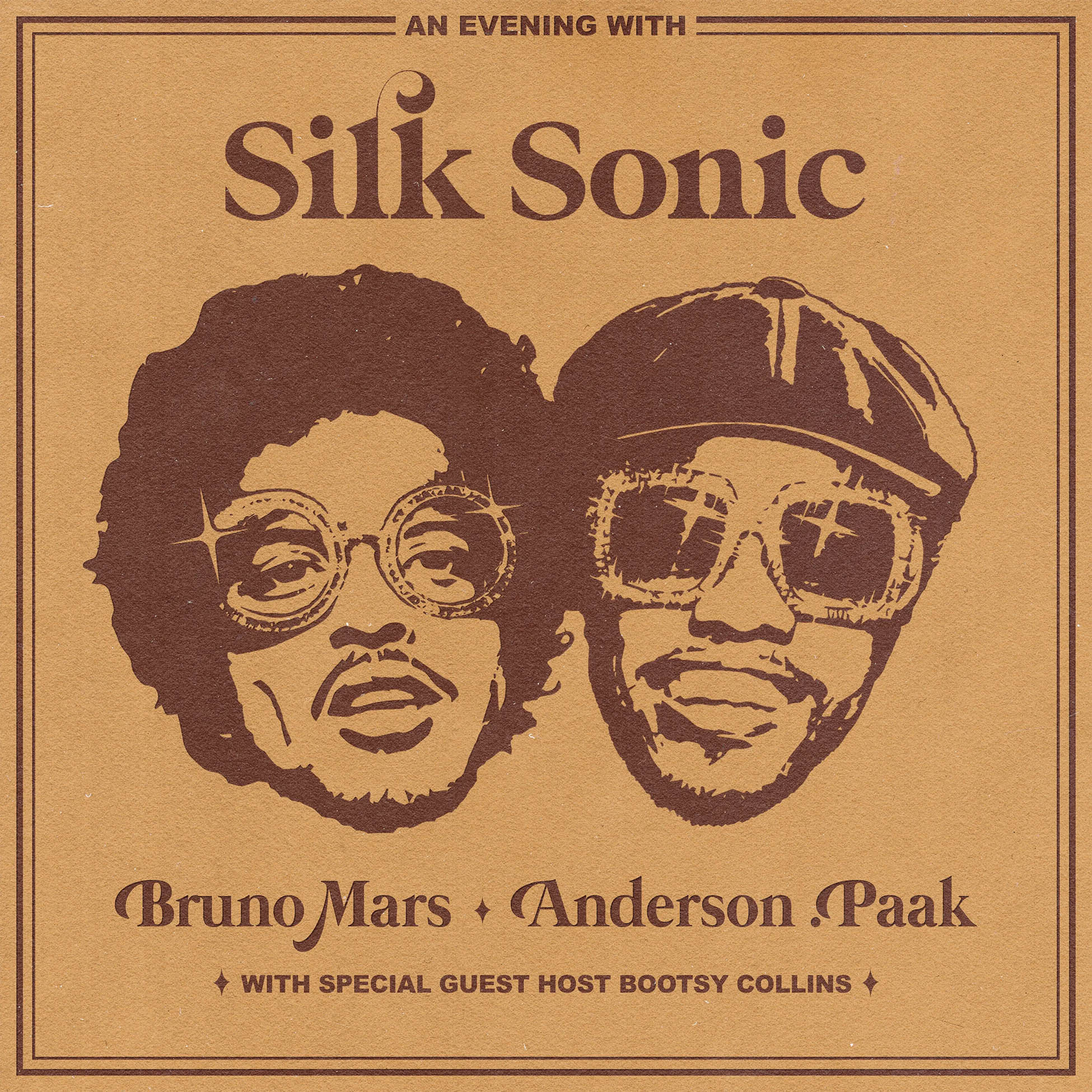 Bruno Mars Anderson Paak - An Evening With Silk Sonic album cover, black vinyl LP, retro 70s style soul collaboration