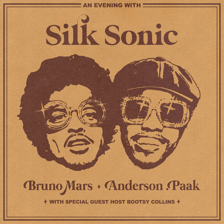 Bruno Mars Anderson Paak - An Evening With Silk Sonic album cover, black vinyl LP, retro 70s style soul collaboration
