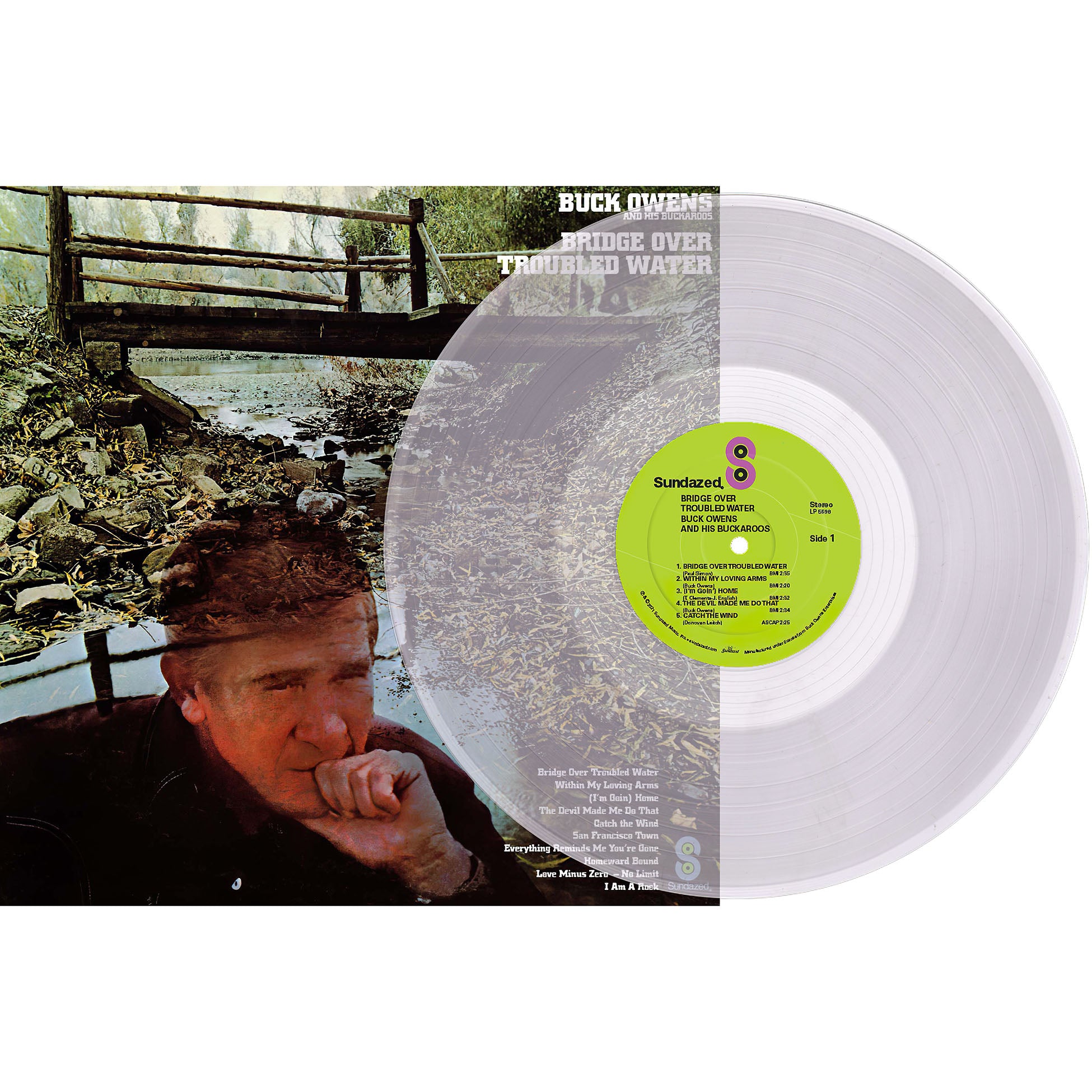 Buck Owens Bridge Over Troubled Water packshot, RSD exclusive clear vinyl limited to 2,250 copies, Bakersfield Sound classic, 1971 folk-rock experiment, Kevin Gray all-analog mastering