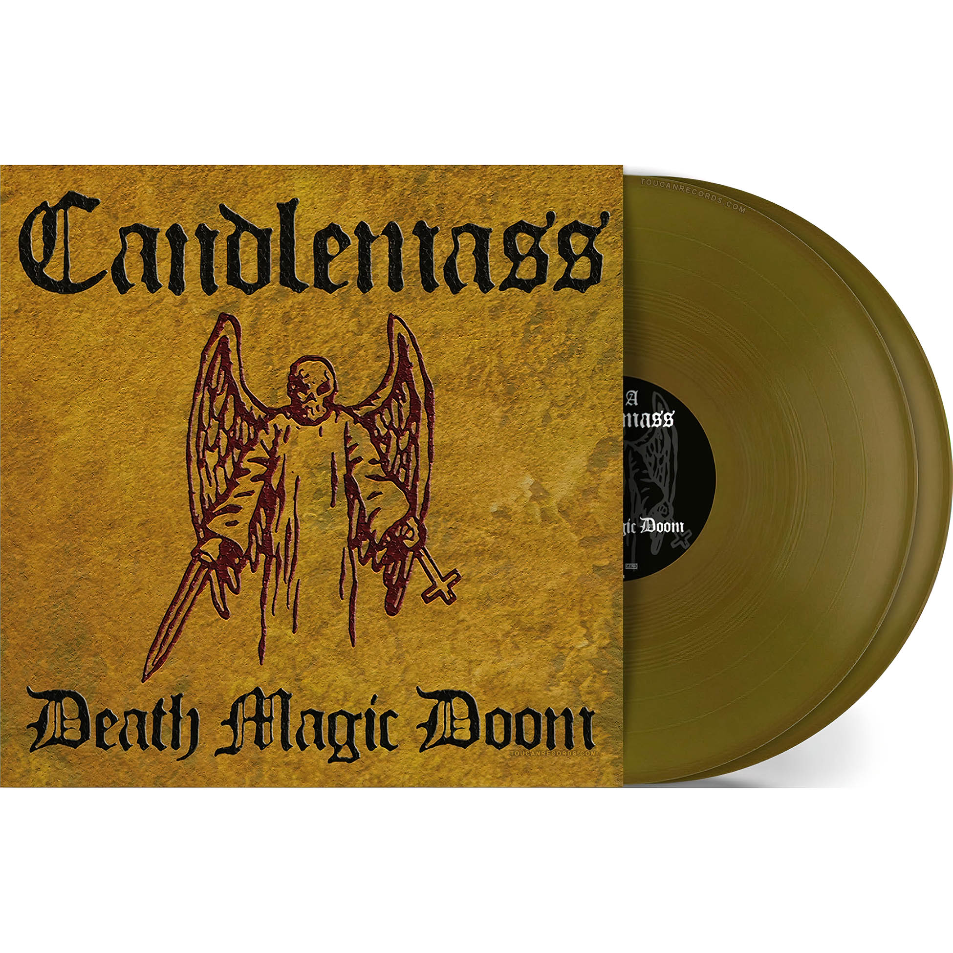 Candlemass Death Magic Doom packshot for the limited 2LP gold vinyl edition with Side D etching and gatefold jacket