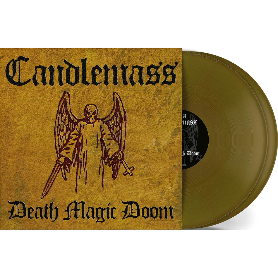 Candlemass Death Magic Doom packshot for the limited 2LP gold vinyl edition with Side D etching and gatefold jacket