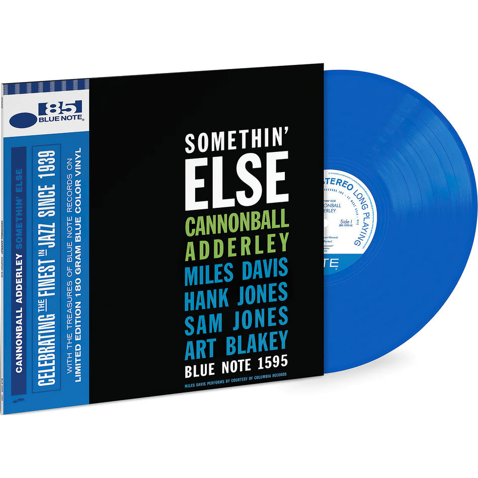 Cannonball Adderley - Somethin' Else vinyl packshot, blue colored vinyl Blue Note reissue, jazz classic for collectors