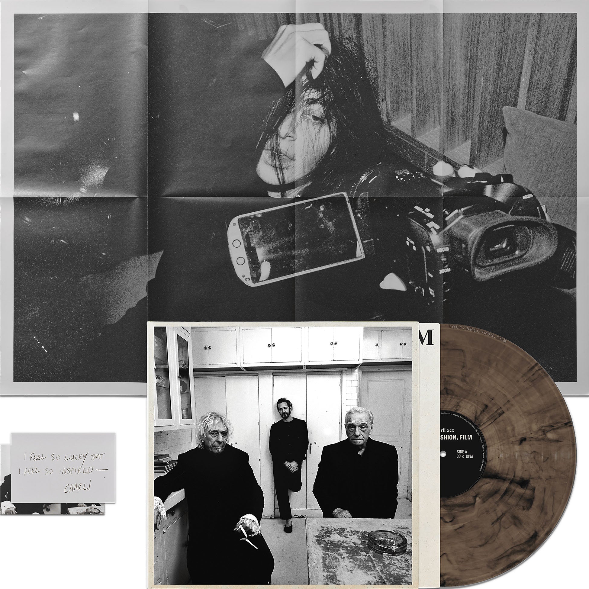 Charli XCX Music, Fashion, Film packshot showing the brown and black Yorkshire Smoke marbled vinyl LP