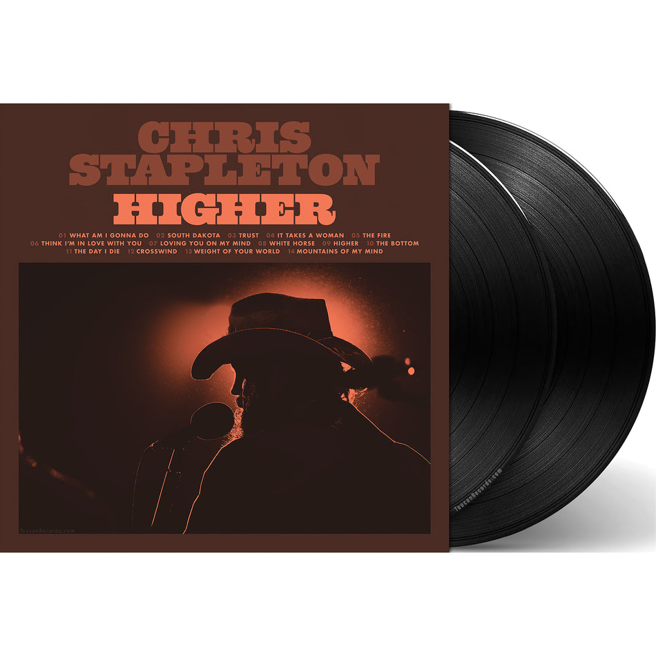 Chris Stapleton Higher packshot for a 2LP black vinyl record featuring "It Takes a Woman" and "Mountains of My Mind." Gatefold Jacket.